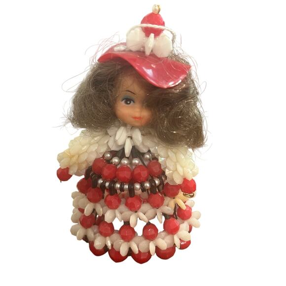 Vintage 1960's Beaded Safety Pin Doll Christmas Ornament 4" - Picture 1 of 3